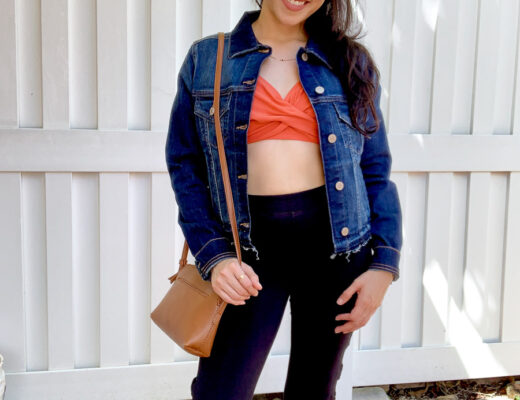 Jean Jacket and a Bikini Top with Leggings Outfit Idea